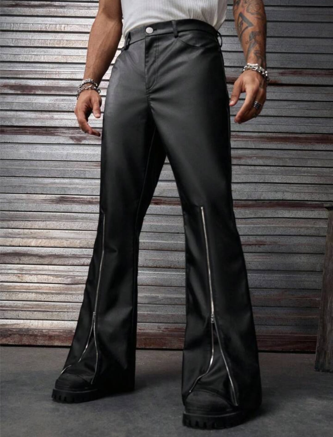 Men's Black Faux Leather Flared Pants with Front Zippers – Retro Streetwear Trousers